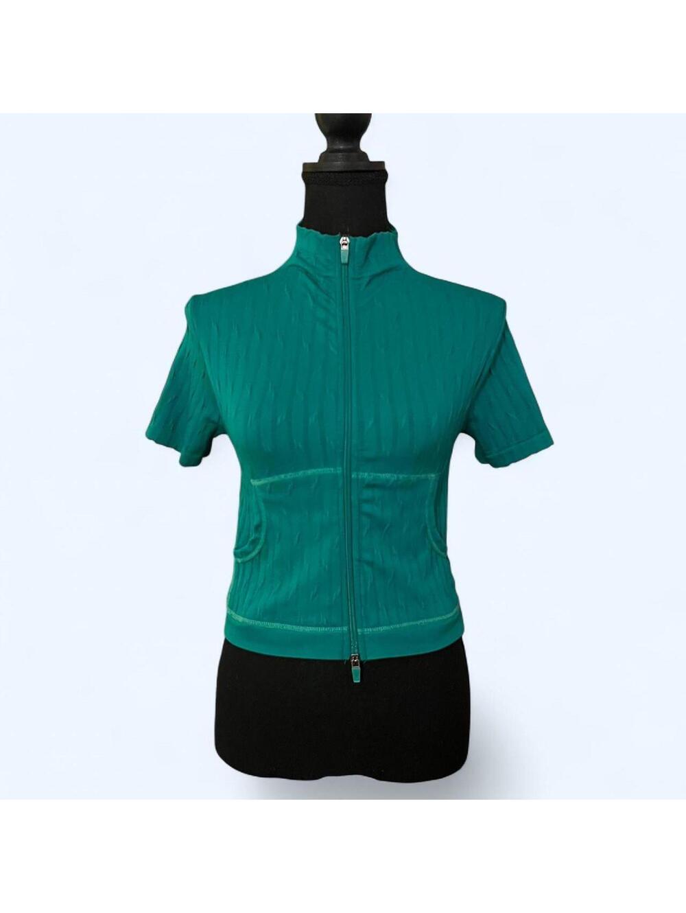 Vintage Y2K teal ribbed double zip fitted top fairycore Size One Size 💚